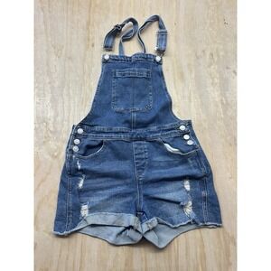 Guess Overall Jean Shorts Womens S Blue Spandex Denim Distressed Cut Off Y2K VTG